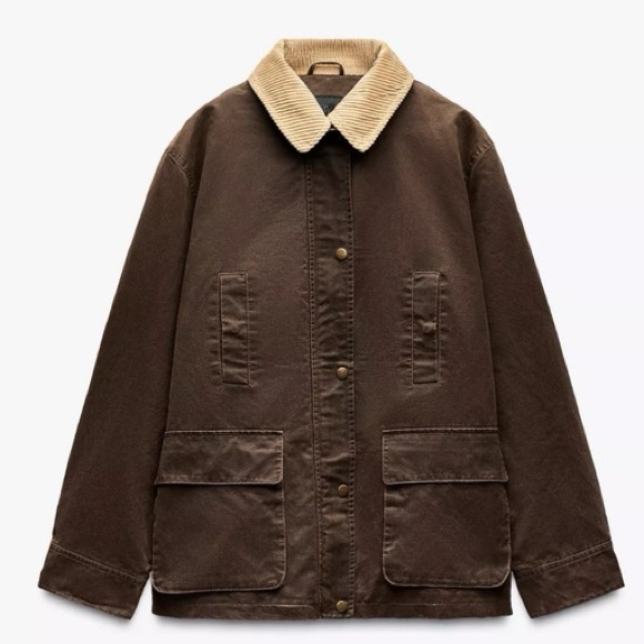 ZARA Oversized Contrast Collar Corduroy Barn Jacket Utility Coat. - Picture 8 of 13